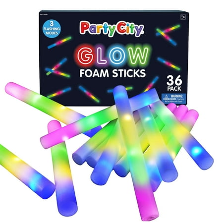 Party City Glow Sticks Foam Light-up, 14-inch LED Flashing Party Favors with Multi-Color Lights for Kids Ages 3 & up, 36 pack