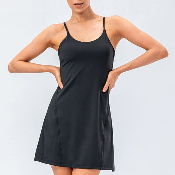 Sentmoon Strappy Black Dresses for Women Crew Neck Holiday Dresses for Women Casual Tennis Short Dresses,Plus Size Workout A-line Dresses Black L