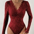thumbnail image 4 of Wyongtao Shapewear Bodysuit Tummy Control Slim Body Shaper Deep V Neck Lace Long Sleeve Thong Body Suits for Women,Wine S, 4 of 8