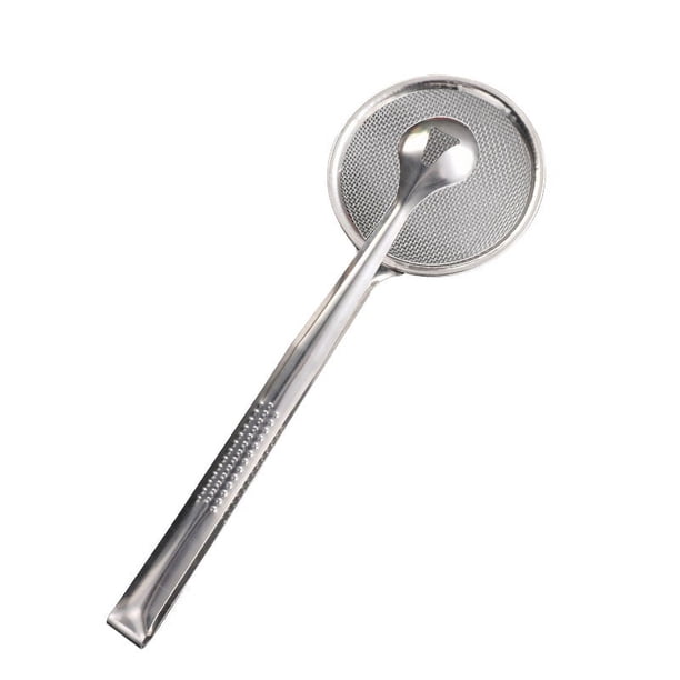 Colador de malla fina de acero inoxidable 2 en 1 con pinzas de clip, cuchara de filtro de aceite, colador de abrazadera de filtro de barbacoa reutilizable multifuncional