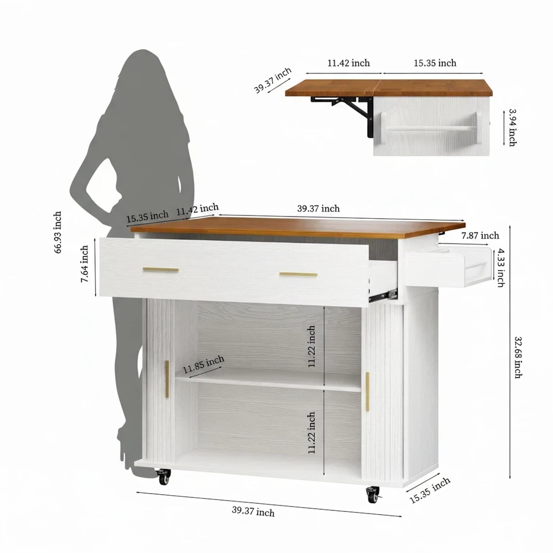AISWORD Rolling Kitchen Island with Drop Leaf, Sliding Door, Drawers & Spice Rack, White