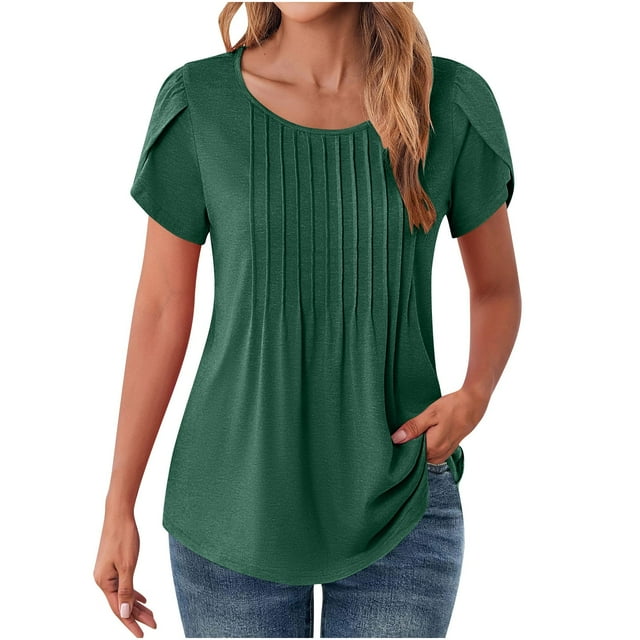 T-shirt pour Femmes à Col Rond, Manches Courtes, Plissé, Style Bureau Décontracté, Coupe Ample, Uni, Côtelé, Tunique, Vert