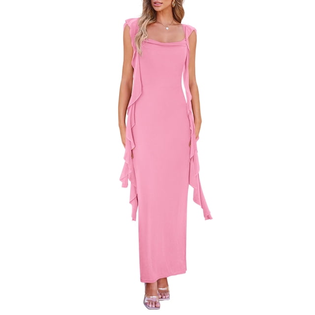 Vestido PRETTYGARDEN 2025 Verano Rosa Sin Mangas con Volantes Talla L