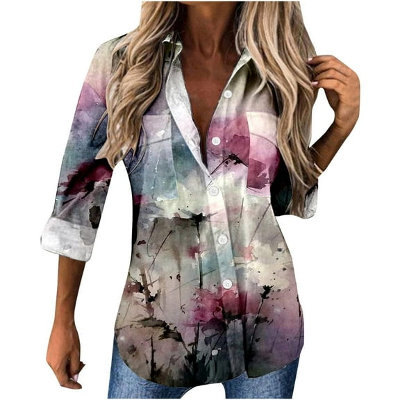USSUMA Summer Tops for Women Trendy Button Down Bussiness Lapel Blouse Tunic Loose Fit Floral Print Womens Tops Casual V Neck Long Sleeve Shirts for Women Dressy Casual