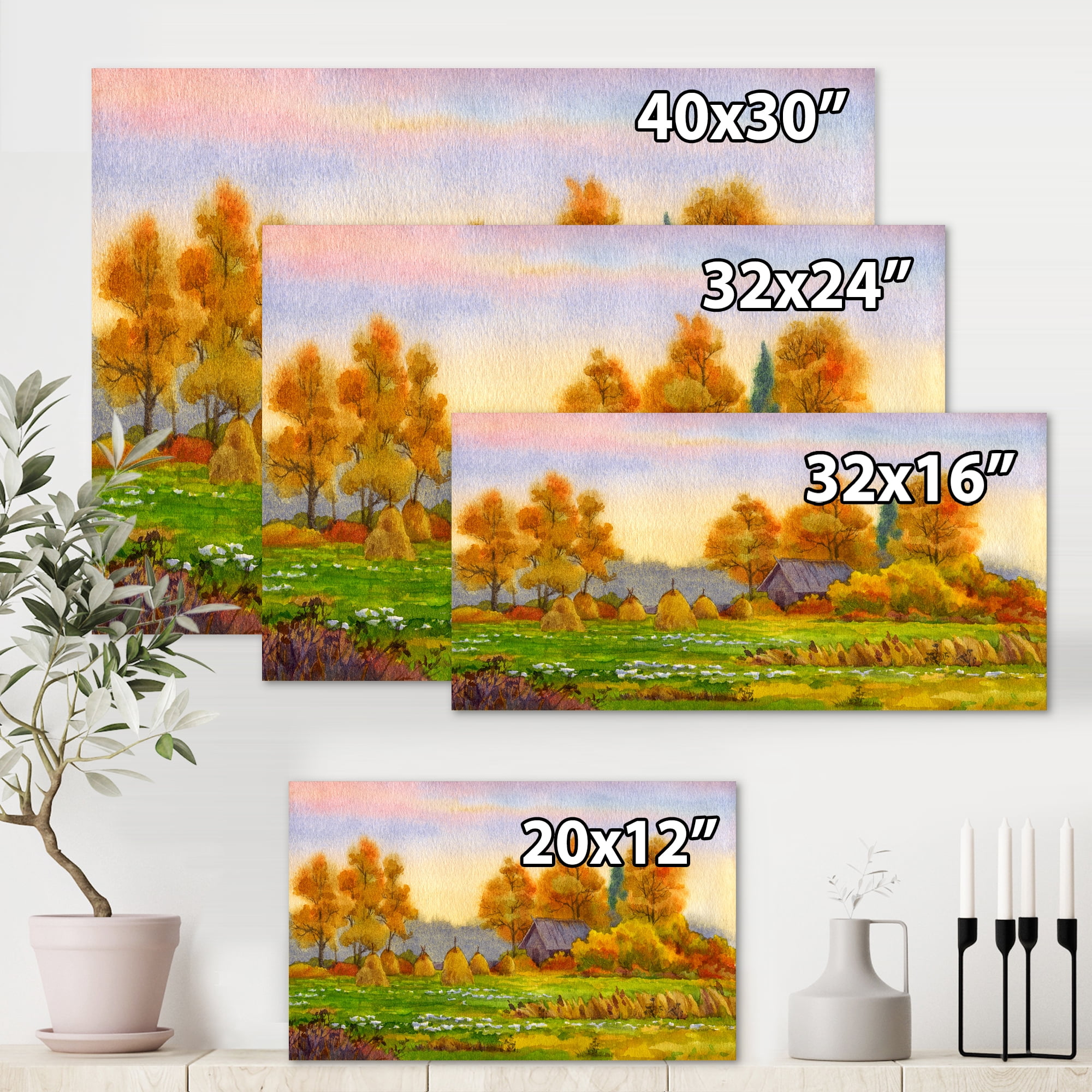 Designart ' Orange Fields With Haystacks I ' Lake House Canvas Wall Art Print