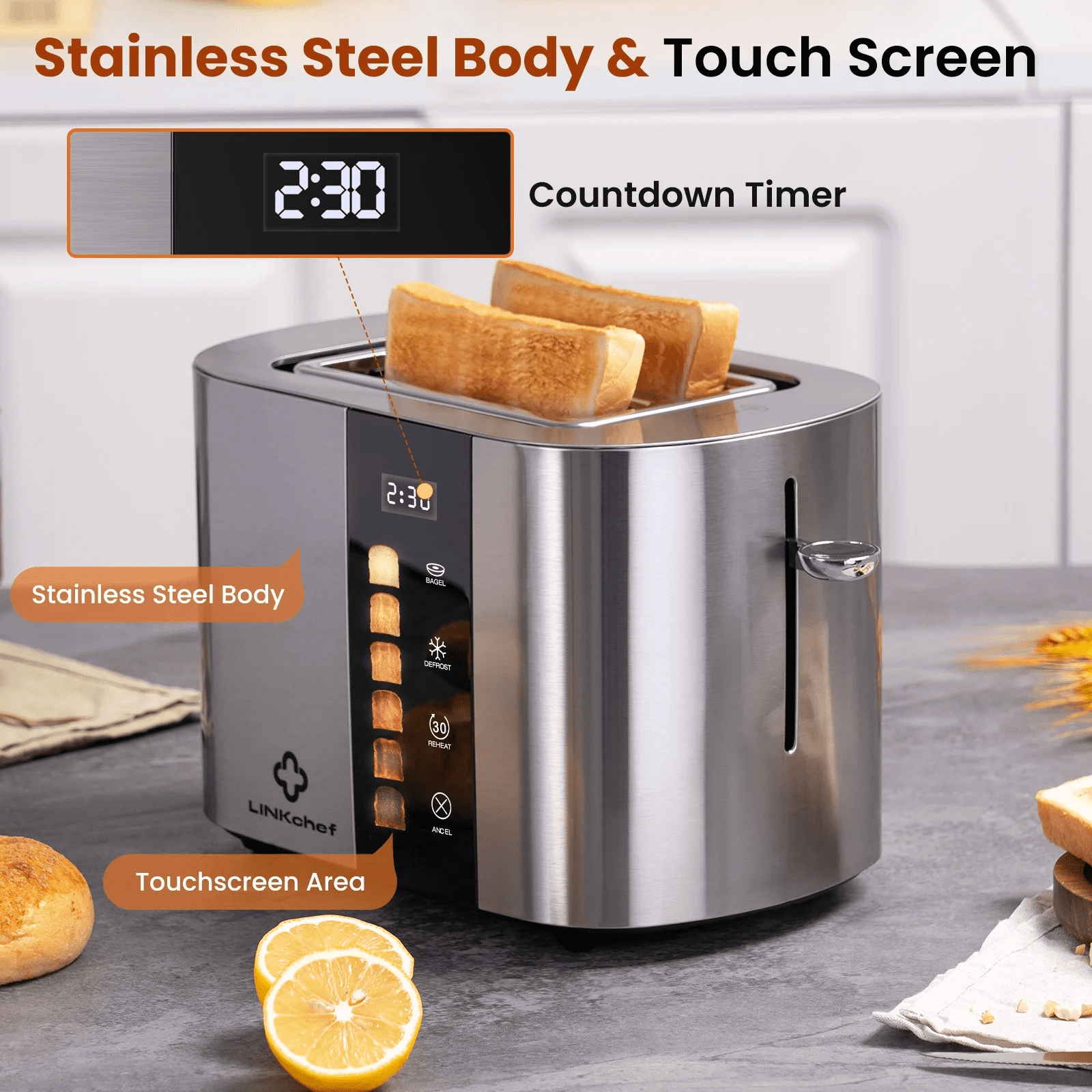 Touch Screen 2-Slice Toaster, Stainless Steel, 6 Shade Settings, Timer Countdown