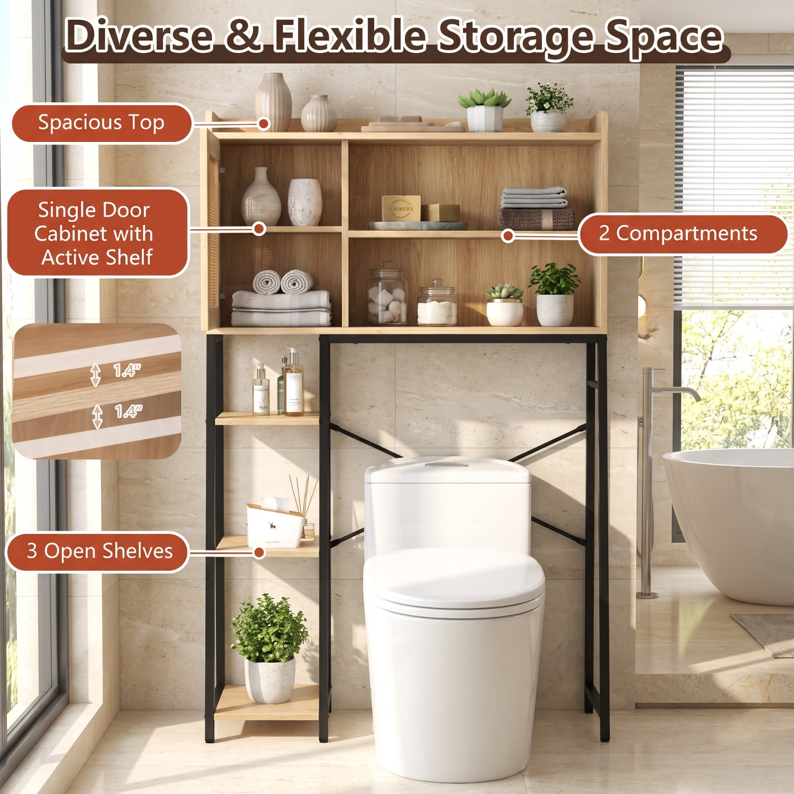 Vebreda Over-the-Toilet Storage, Over The Toilet Storage Cabinet with PE Rattan Door and Open Storage Shelves, Diverse and Flexible Storage Space