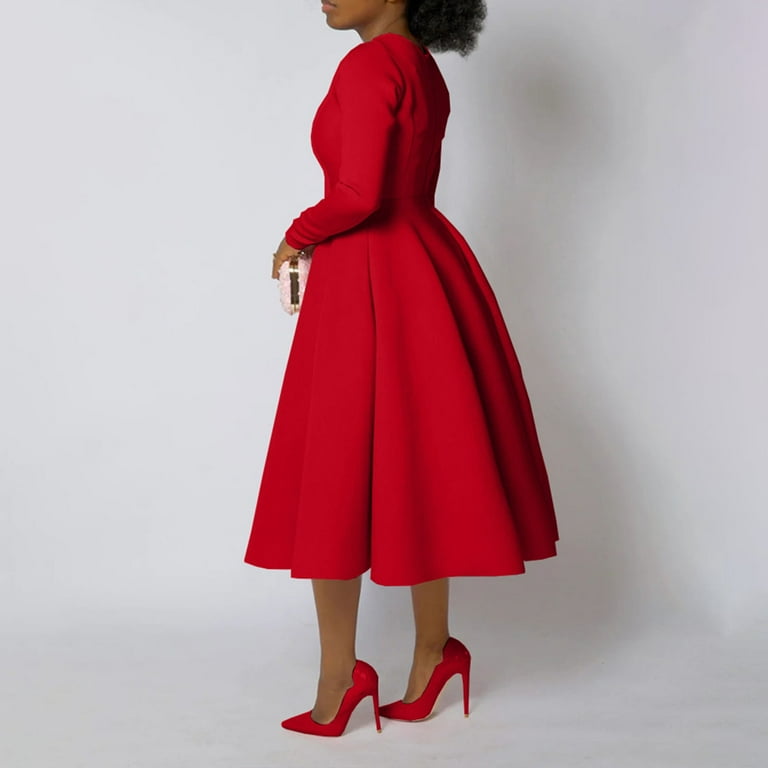 Efsteb Cocktail Dresses For Women Vintage 1950s Round Neck Long Sleeve A Line Formal Church Swing Maxi Dress (Red,XL)