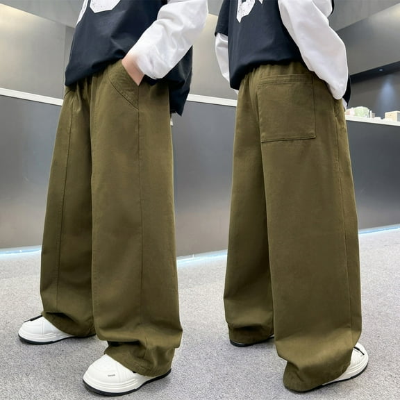 FAOWME Big Boys Pants With Pocket Elastic Waist Wide Leg Straight Fit Solid Color Comfortable Loose Trousers For Daily Wear Army Green 5-6 Years