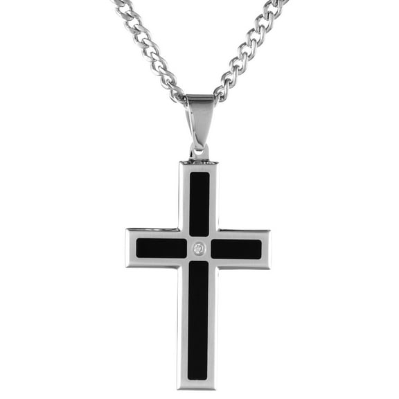 Metro Jewelry 0.02 Diamond Black Ion Plated Stainless Steel Two Tone Cross Pendant - 24 Inch Cable Chain