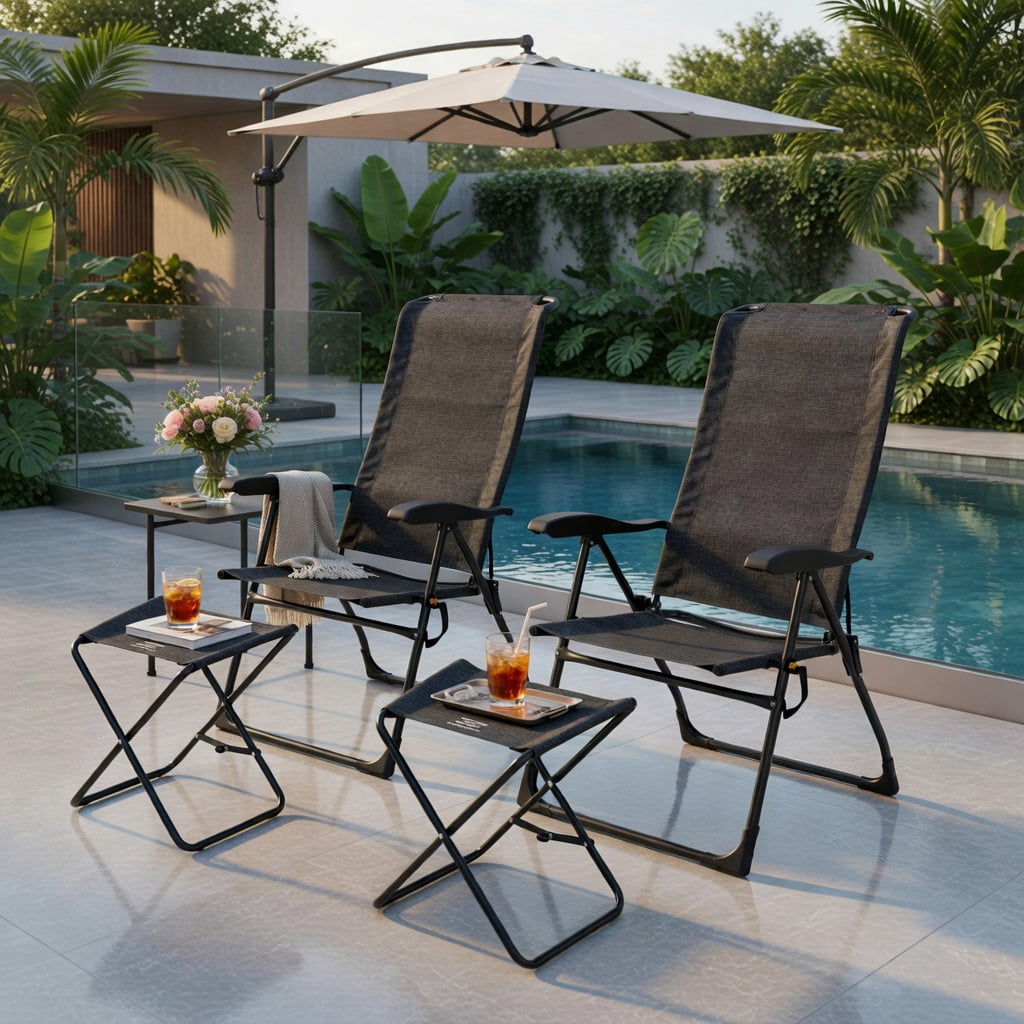 Hommoo 4-Piece Adjustable Reclining Patio Chair & Ottoman Set, Steel Frame with Breathable Mesh, Foldable Outdoor Dining Chairs for Backyard, Garden, Poolside, Gray