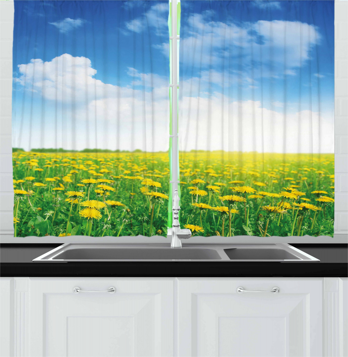 Yellow and Blue Curtains 2 Panels Set, Summer Daisy Flower Field