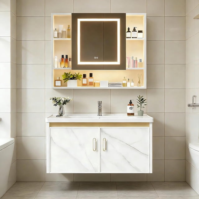 Gabinete de Baño de Lavamanos y Armario con Espejo Ajustable en 3 Colores, Armario de Pared para Baño con Grifos de Agua Caliente y Fría, Tuberías de Desagüe, Estante, 60 * 40 * 38cm (Marble)