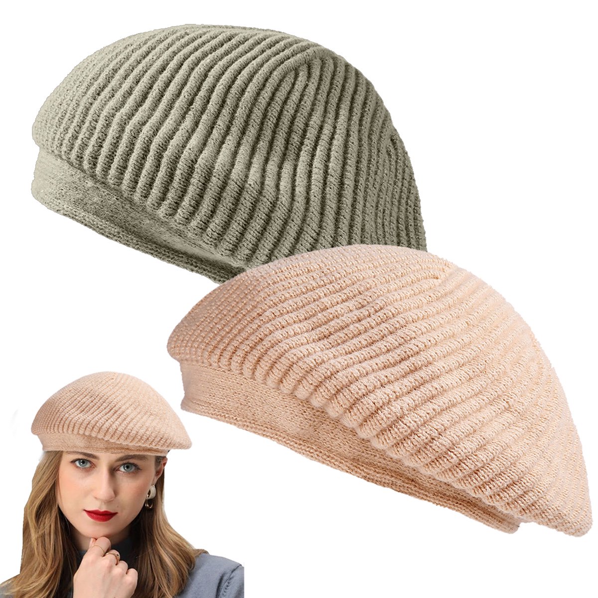 2 Pcs French Style Beret Hat for Women Winter Fall Knit 