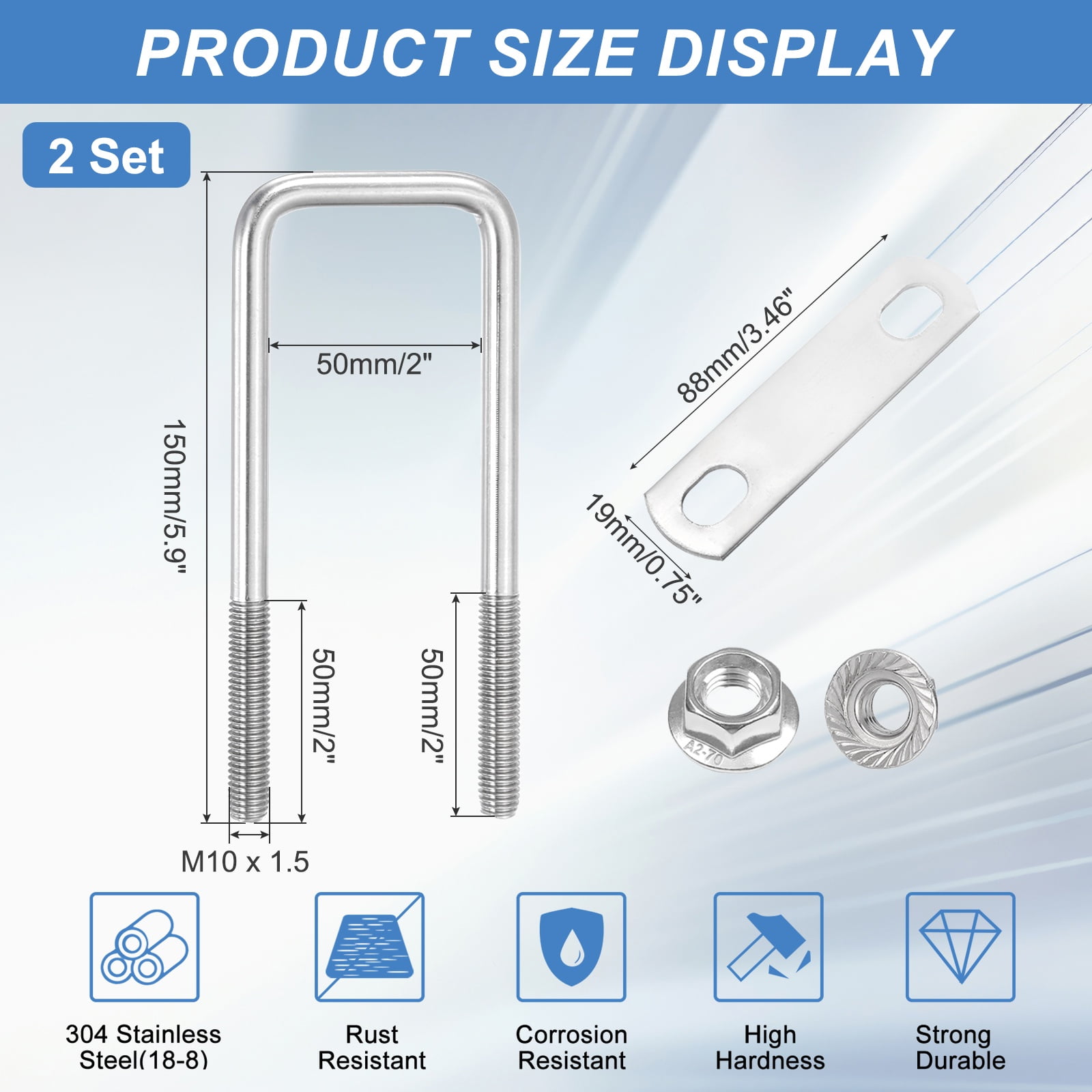 Uxcell 2 Set M10 2 Inch Inner Wide Square U Bolts, 5-7/8 Inch Length 304 Stainless Steel U-Bolts with Flange Hexagon Nuts, Frame Plates for Trailer, Automotive, (50mm W x 150mm L)
