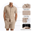 thumbnail image 3 of Zehisen Mens Summer Outfits 2 Piece Beach Shirt Shorts Set Coconut Button Casual Vacation Summer Set Khaki S, 3 of 7