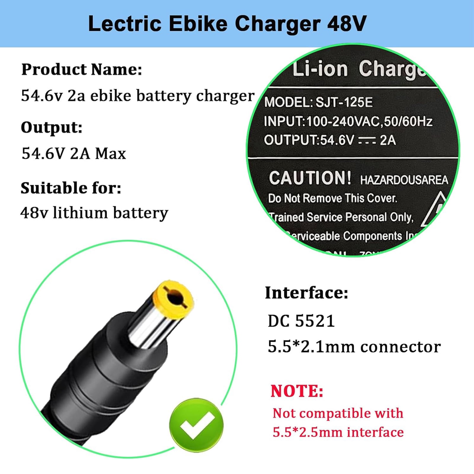 Lectric Ebike Charger 48V, 54.6V 2A Ebike Battery Charger For 48V Lithium Battery, Electric Bicy- Power Adapter With 2.1