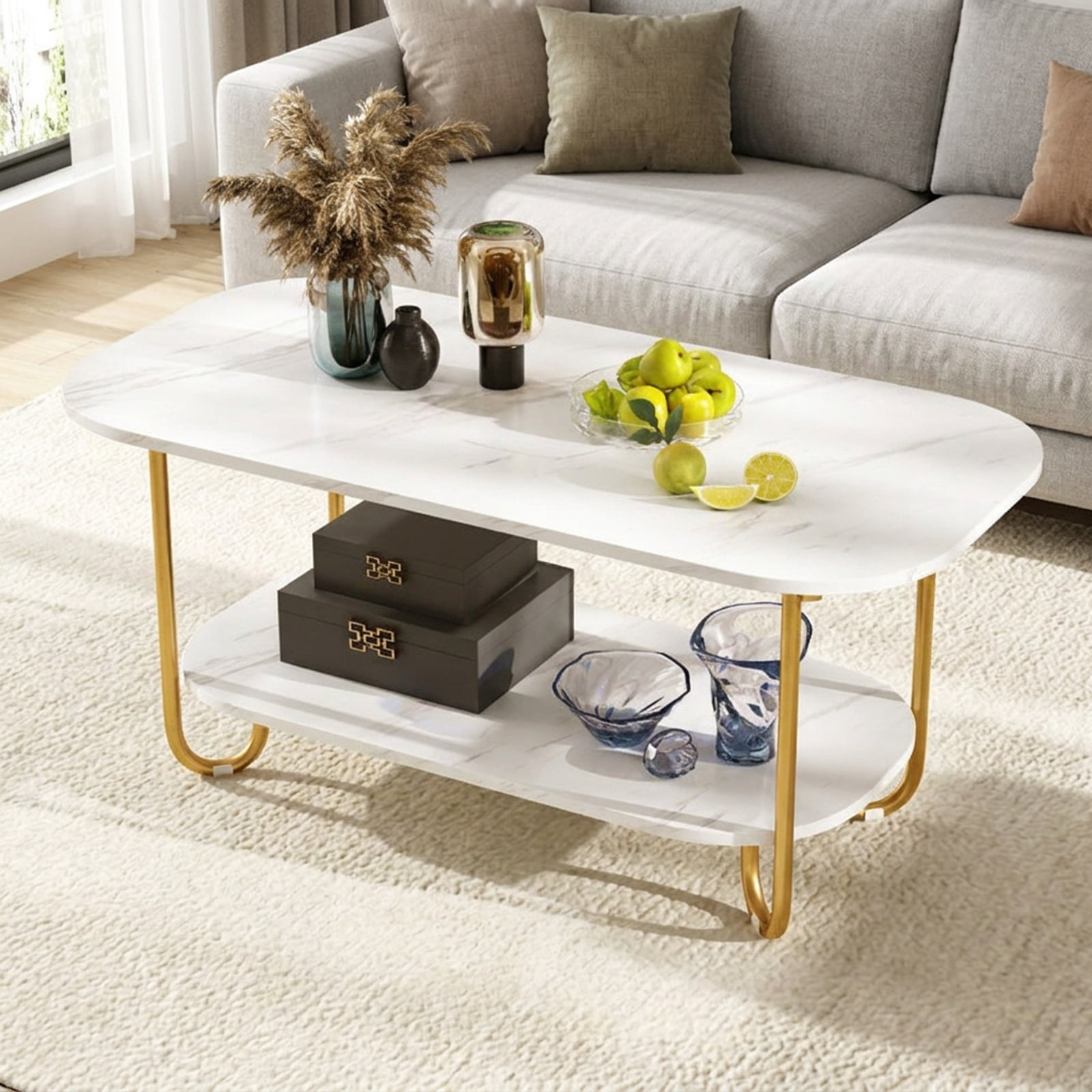 Furnibear Modern 2-Tier Coffee Table with Faux Marble Top Powder-Coated Metal Frame and Storage Shelf for Living Room and Study, White
