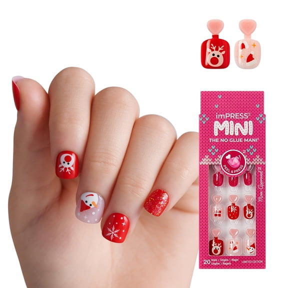 KISS imPRESS MINI Holiday Press On Nails, ‘Cozy’, Red, Kids Squoval, 20 Count