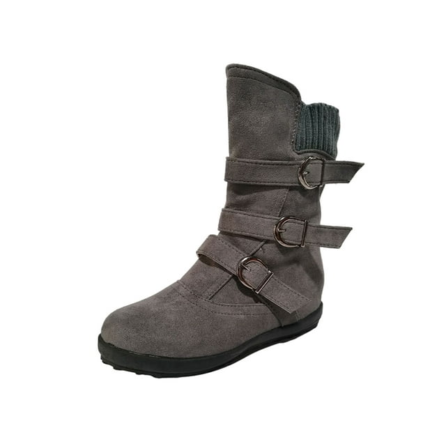 Woobling Ladies Riding Boot Round Toe Winter Shoes Flats Mid-Calf Boots Fashion Womens Non-slip Side Zipper Gray 10