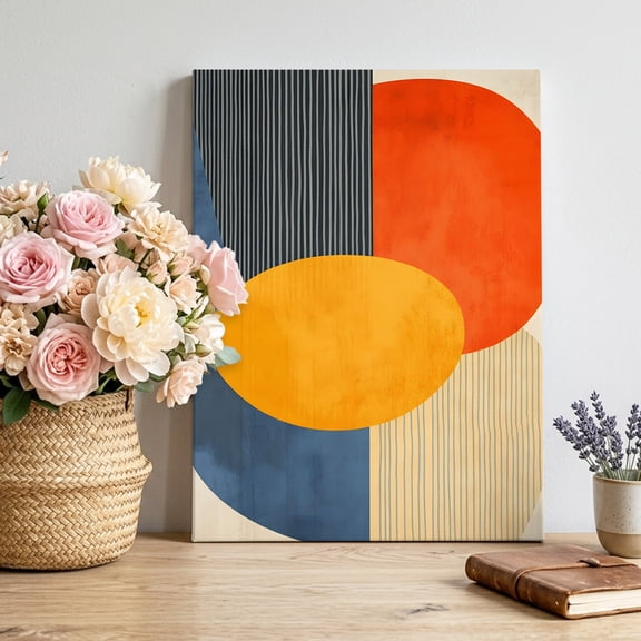 Canvas Wall Art Minimalist Abstract Geometric Canvas Art Print Boho Orange Blue Circle Stripe Pictures Wall Decor for Living Room Bedroom Artwork Decorations Stretched Framed Ready to Hang 18"x24"