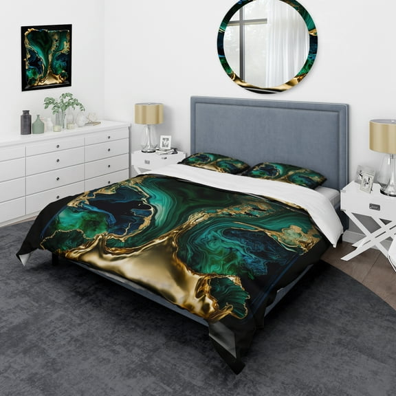 Designart "Emerald and Azure Geode Marble I" Abstract Marble Bedding Covert Set - Modern Green Abstract Bed Set With 2 Shams