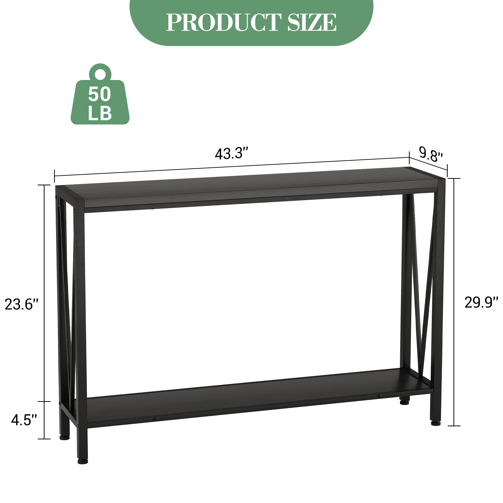43 Inch Console Table, 2-Tier Narrow Console Sofa Side Table for Entryway Hallway Living Room, Premium Entryway Furniture for Hallway, Living Room, Foyer, Corridor, Office, in Black, Retro & Gray