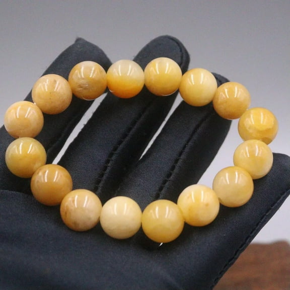 K-KED Natural Jadeite Yellow Jade Bracelet For Women Men 13mm Round Beaded Bracelet