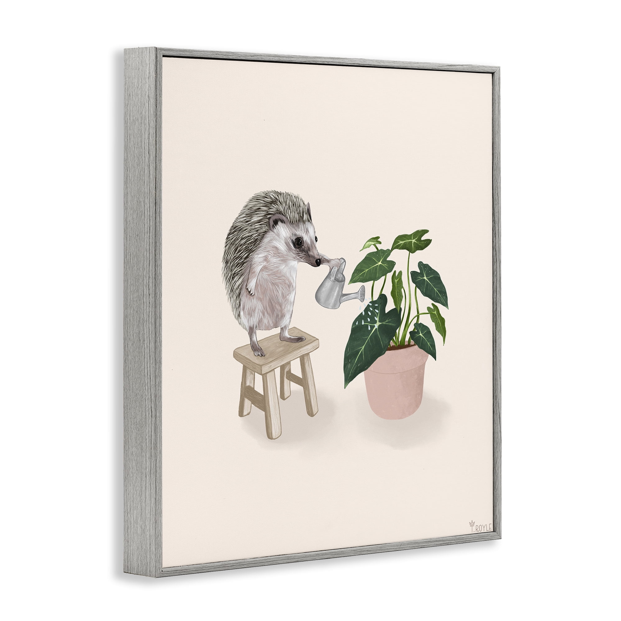Stupell Industries Hedgehog Watering Plant Animals & Insects Painting Gray Framed Art Print Wall Art, 11 x 14