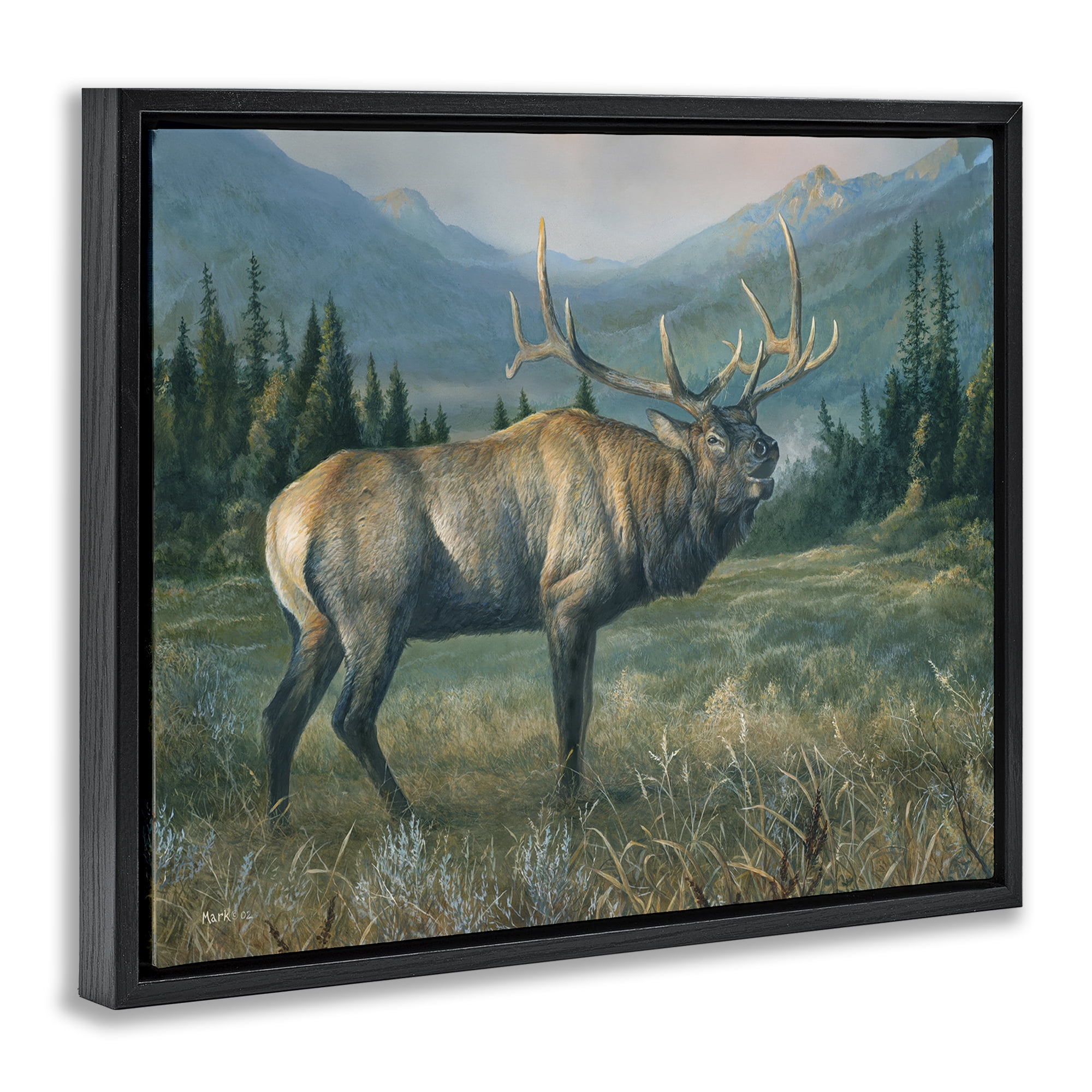 Stupell Industries Powerful Elk in Field Animals Painting Black Floater Framed Canvas Art Print Wall Art, 21 x 17