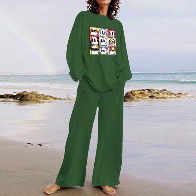 Puntoco Traje De Pantalón Y top De Manga Larga Con Cuello Redondo Y Estampado De Halloween Para Mujer Verde Militar S
