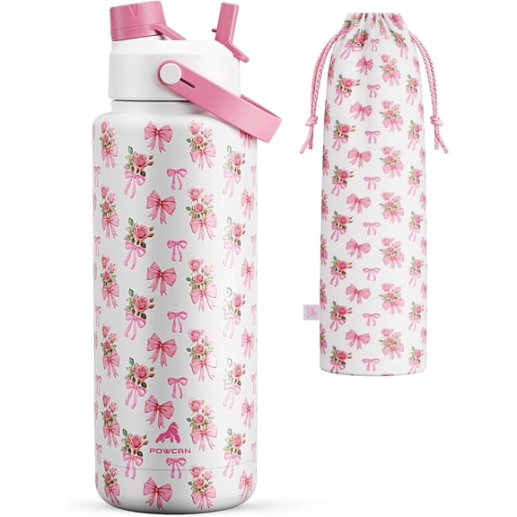 POWCAN 40 oz Insulated Water Bottle with 2-in-1 Straw and Spout Lid, Keep Cold 24H, Leak-Proof, BPA-Free, Double Wall Stainless Steel Water Bottle for Sports, Gym, Travel, Gift (Rosy Bouquet)