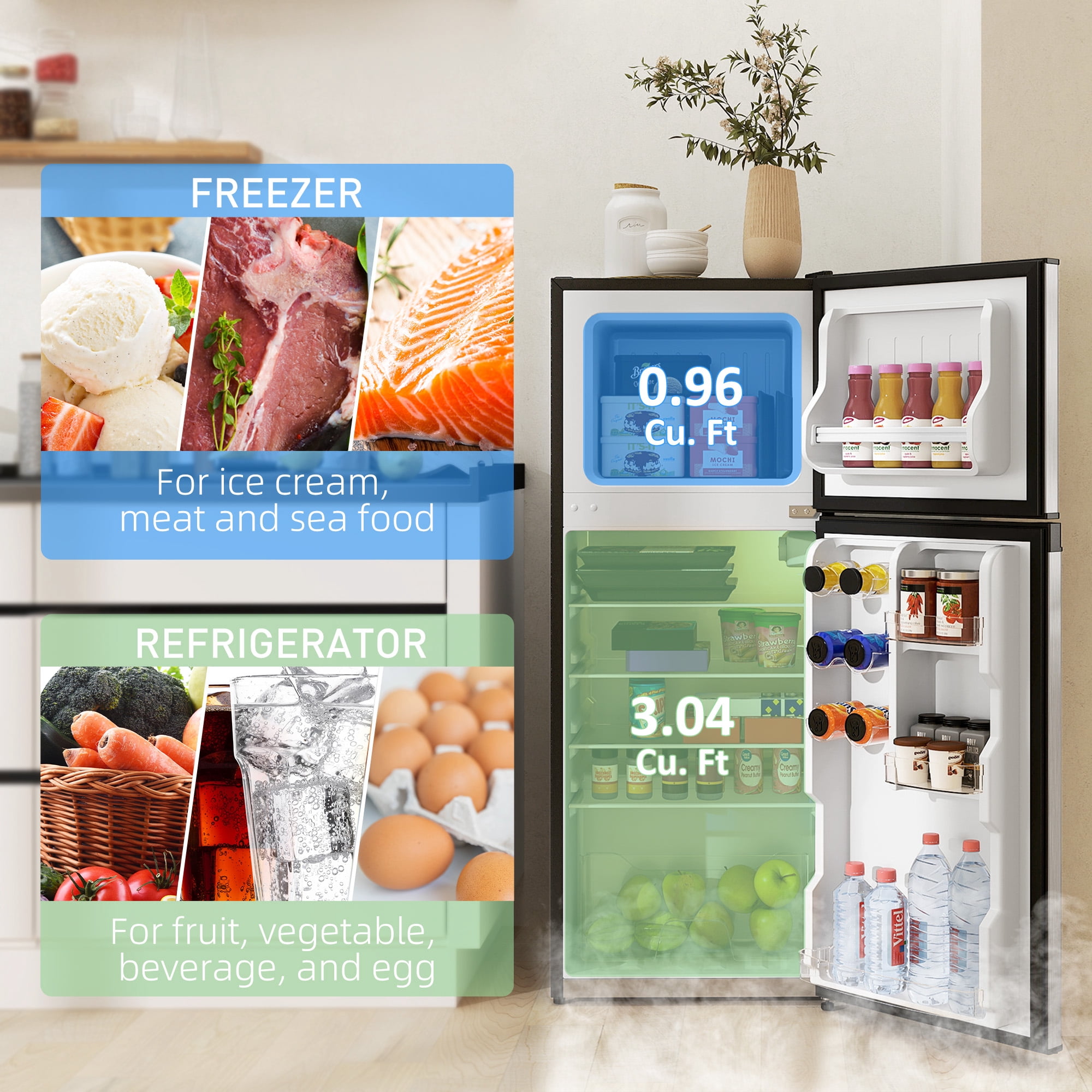 HOMCOM Small Fridge with Freezer, 4 Cu Ft Refrigerator with Shelves, Silver
