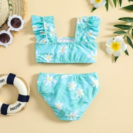 

Gubotare Summer Toddler Girls Floral Printed Ruffles Two Piece Swimwear Swimsuit Bikini Youth Girl Racing Swimsuit Blue 2-3 Years