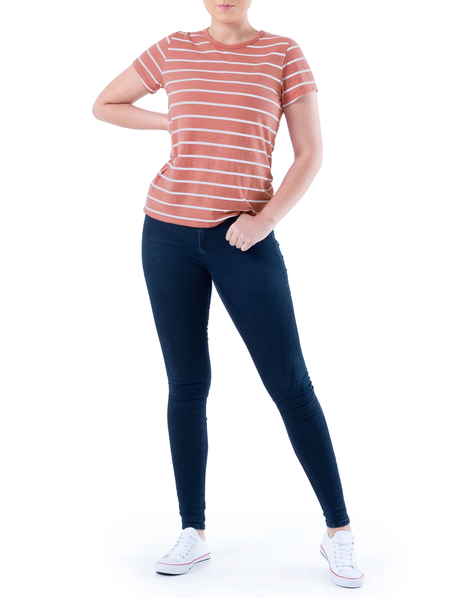 Time and Tru Womens Striped Short Sleeve Slub Crew Neck T-Shirt