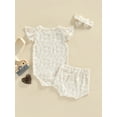 thumbnail image 4 of Franhais 3 Pieces Baby Suit Set, Coconut Tree/ Floral Print V-Neck/ O-Neck Romper+ Shorts+ Headband, 0-18 Months, 4 of 7