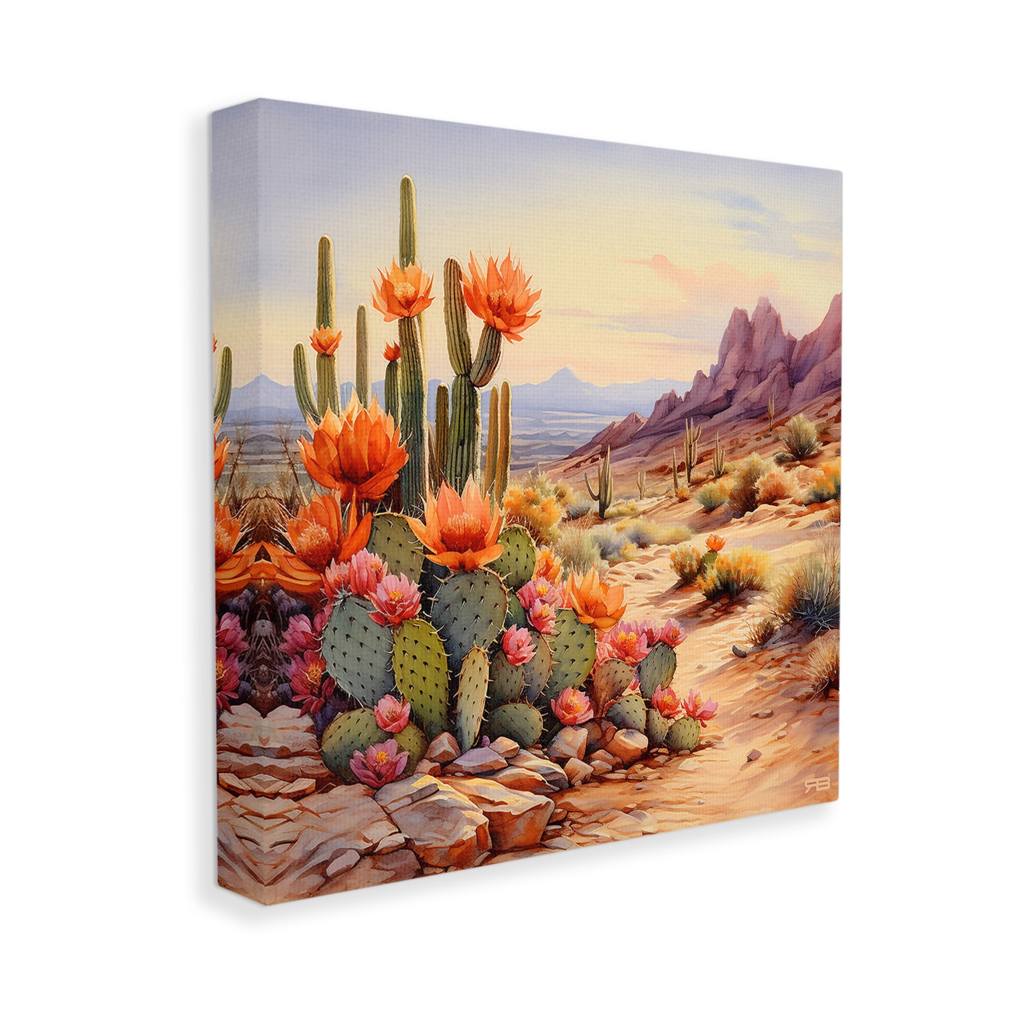 Stupell Industries Cactus Flower Landscape Landscape Painting Gallery Wrapped Canvas Art Print Wall Art, 17 x 17