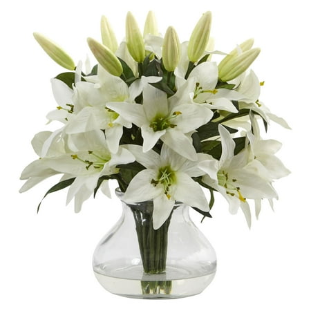 Nearly Natural Lily Blossoms Silk Flower Enjoy the beauty of the lily without the powerful scent by displaying the Nearly Natural Lily Blossoms Silk Flower as a focal point in your space. This elegant silk arrangement features both buds and flowers in full bloom to enhance the natural look. A curved vase filled with acrylic water supports this floral arrangement.