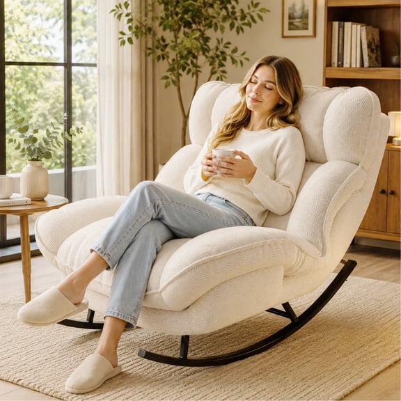 Keerffo Oversized Rocking Chair Recliner with 3‑Gear Backrest, Thickened Metal Frame,Comfortable Cushion, Accent Chair for Living Room, Bedroom