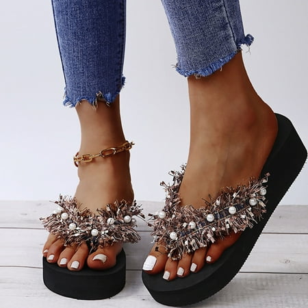 

Aayomet Flat Slippers Pearl Casual Fashion Flip Women s Tassel Flops Flip-Flops Women s slipper Women Flip Flops Size 9 Wide Khaki 8