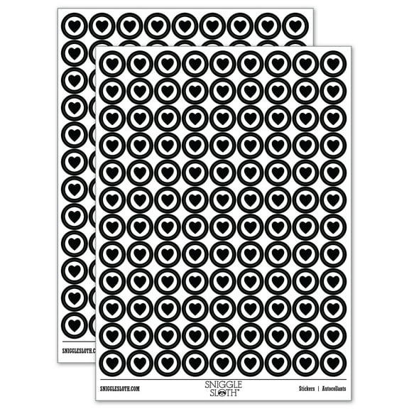 Heart in Circle 200 Round Stickers - Black - Gloss Finish - 0.50" Size