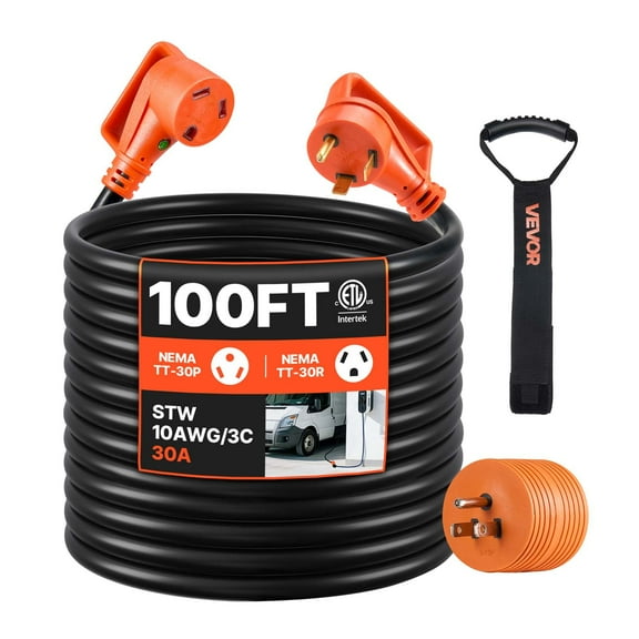 VEVOR 100 FT RV Extension Cord, 30 Amp, 125V 2500W Heavy Duty STW 10/3 Gauge Wire, NEMA TT-30P Male NEMA TT-30R Female Plug, with LED Power Indicator, Handle,15A Adapter,for RV Trailer,ETL Listed