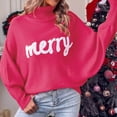thumbnail image 2 of felwors Women Merry Sweaters Turtleneck Long Sleeve Letter Print Loose Knitted Pullover Merry Christmas Sweater Hot Pink, S, 2 of 6