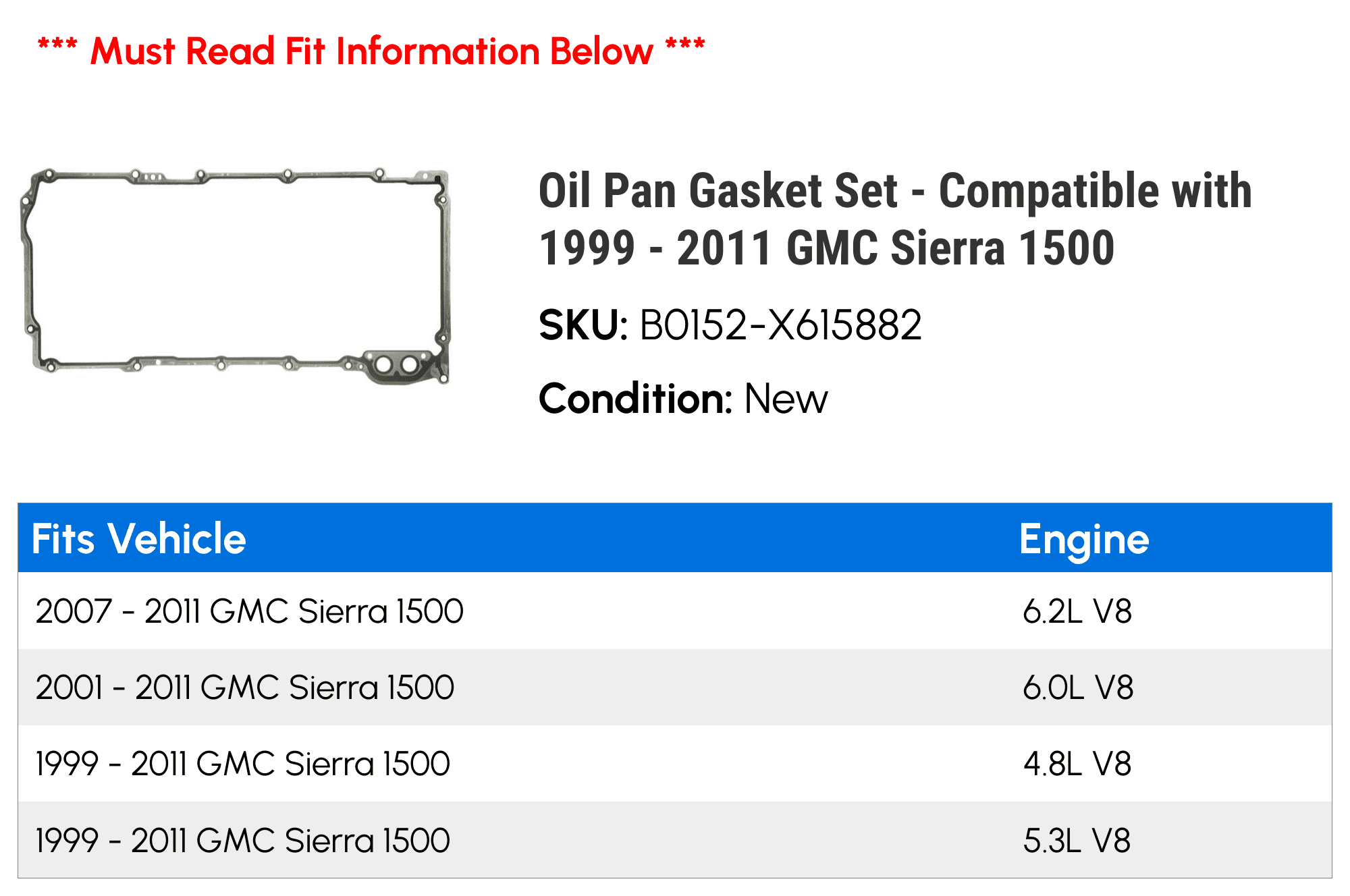 Pan Gasket Set - Compatible with 1999 - 2011 GMC Sierra 1500 2000 2001 2002 2003 2004 2005 2006 2007 2008 2009 2010
