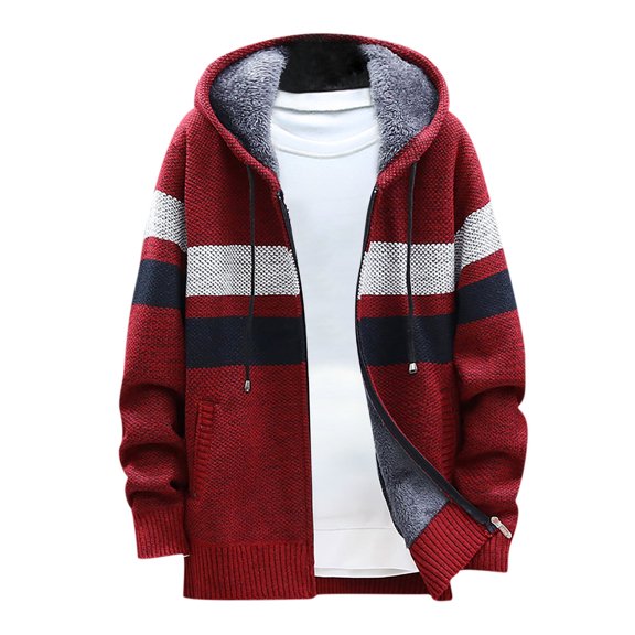 VSSSJ Men's Knit Cardigan Coats Relaxed Fit Color Block Patchwork Long Sleeve Zip Up Coats Fashion Comfy Warm Jacket with Hooded Wine XXL