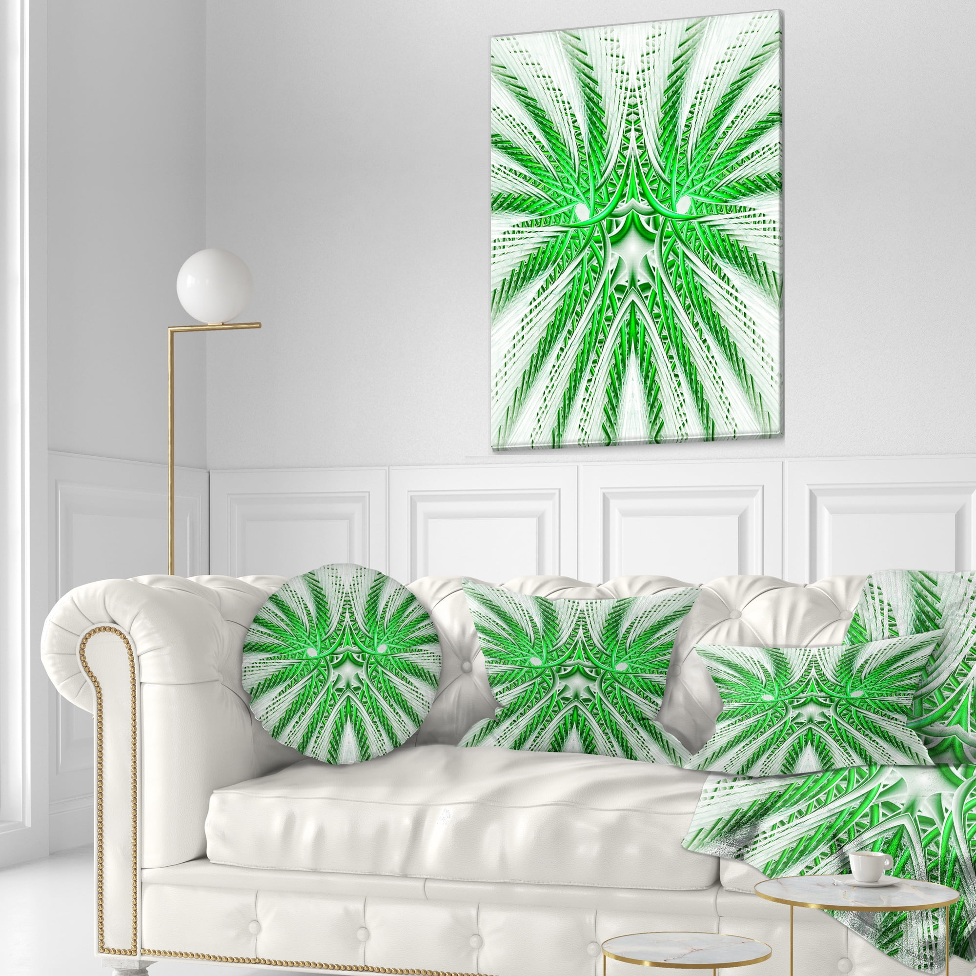 Designart Glowing Green Fractal Flower in White - Abstract Throw Pillow - 12x20