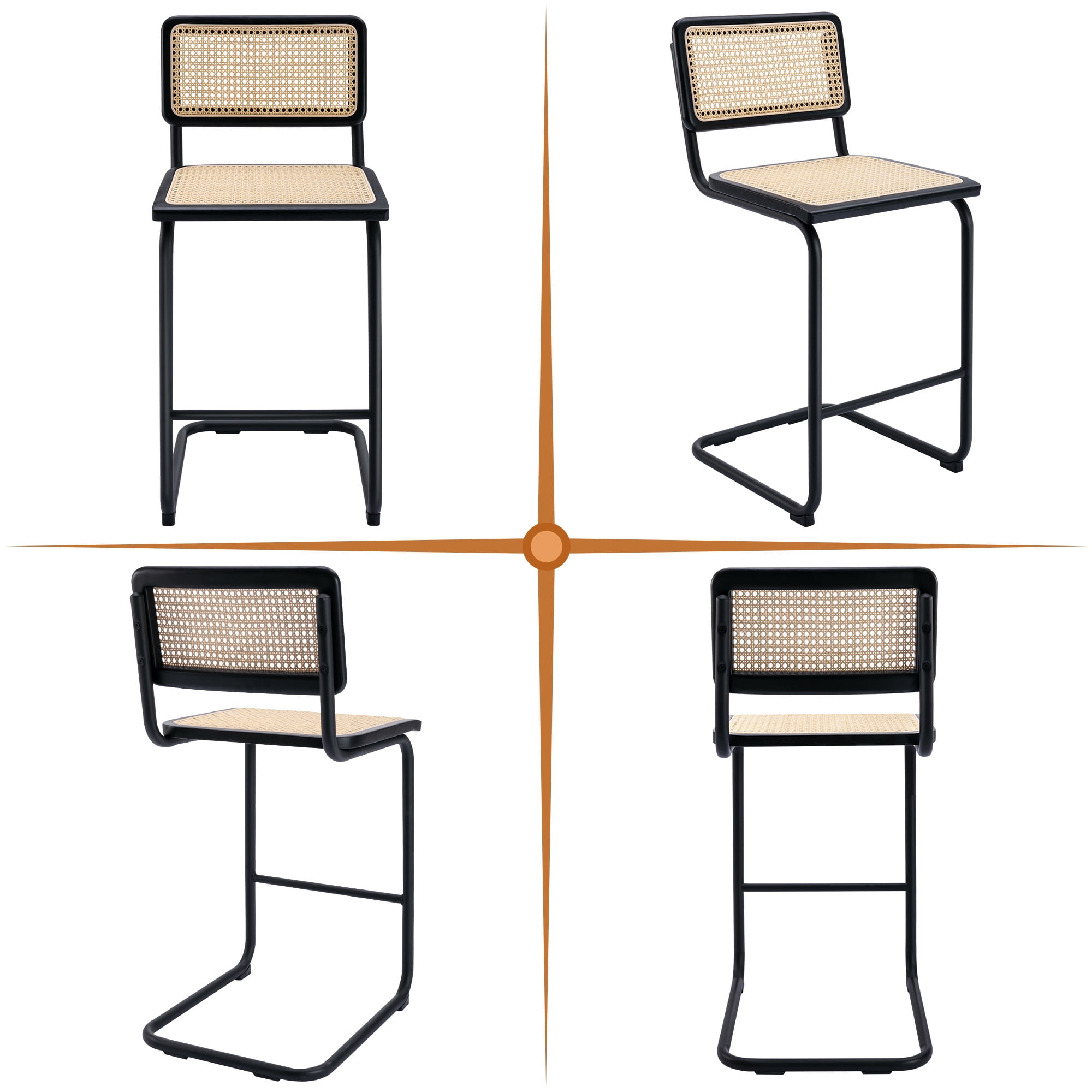 Zesthouse Rattan Counter Height Bar Stools Set of 2, 24.8" Counter Height Chairs with Cane Back, Mid Century Modern Barstools for Kitchen Island, Black