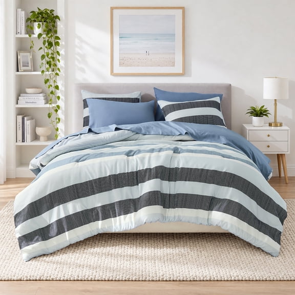 Regency Heights 7-Piece Comforter Sets, Reversible Striped Comforter Set for Dorm, Lightweight All Season Bedding Set with Pillow Shams,Queen, Navy/Blue