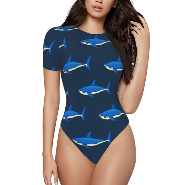 Balery Cute Shark Body de cuello redondo de manga corta para mujer Tops de manga corta Tops básicos-XX-Large