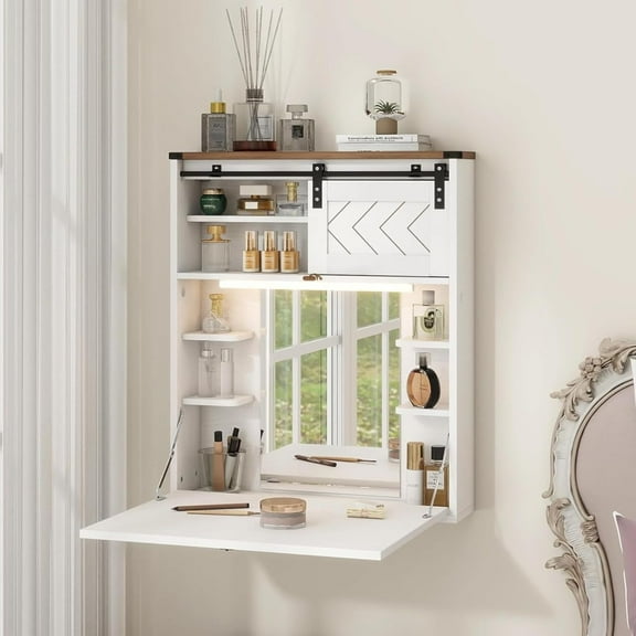 Floating Vanity Desk with Mirror and Lights Small Wall Mounted Makeup Set with Storage White Farmhouse Dressing Table for Tiny Space